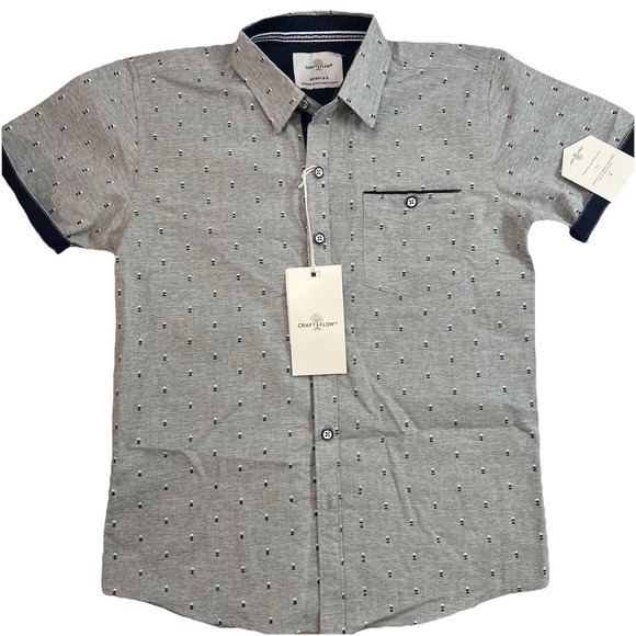 Craft+Flow Big Boy Short Sleeve Button Up Gray & Blue Shirt Size 8S-New - Picture 1 of 9